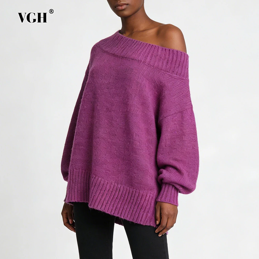 

Повседневные свободные однотонные вязаные свитера VGH для женщин с диагональным воротником и длинными рукавами, осенний тренд, удобный свитер, женская мода
