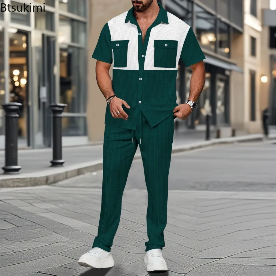 2026 New Men's Waffle Sports Sets Summer Comfortable Casual Double Pocket Short Sleeve Cardigan Shirts and Pants Two Piece Sets