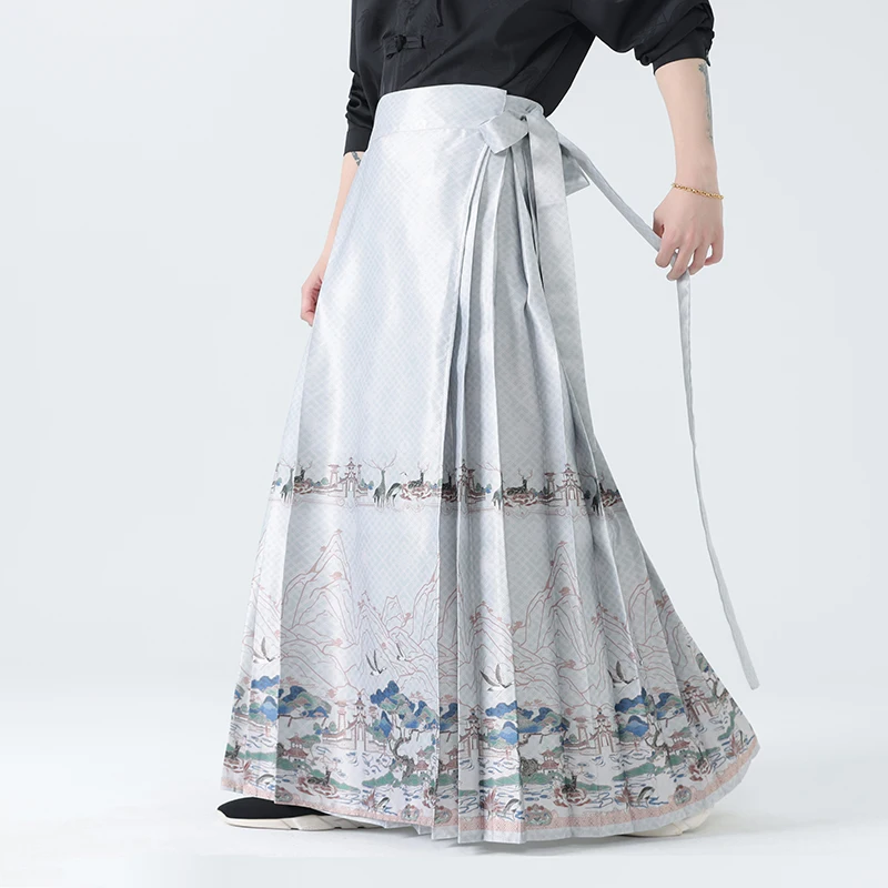 

Fashion Modern Ink Painting Printed Hanfu Horse Face Skirt Men Harajuku Loose Harem Pants Halloween Street Wear Vintage Skirt