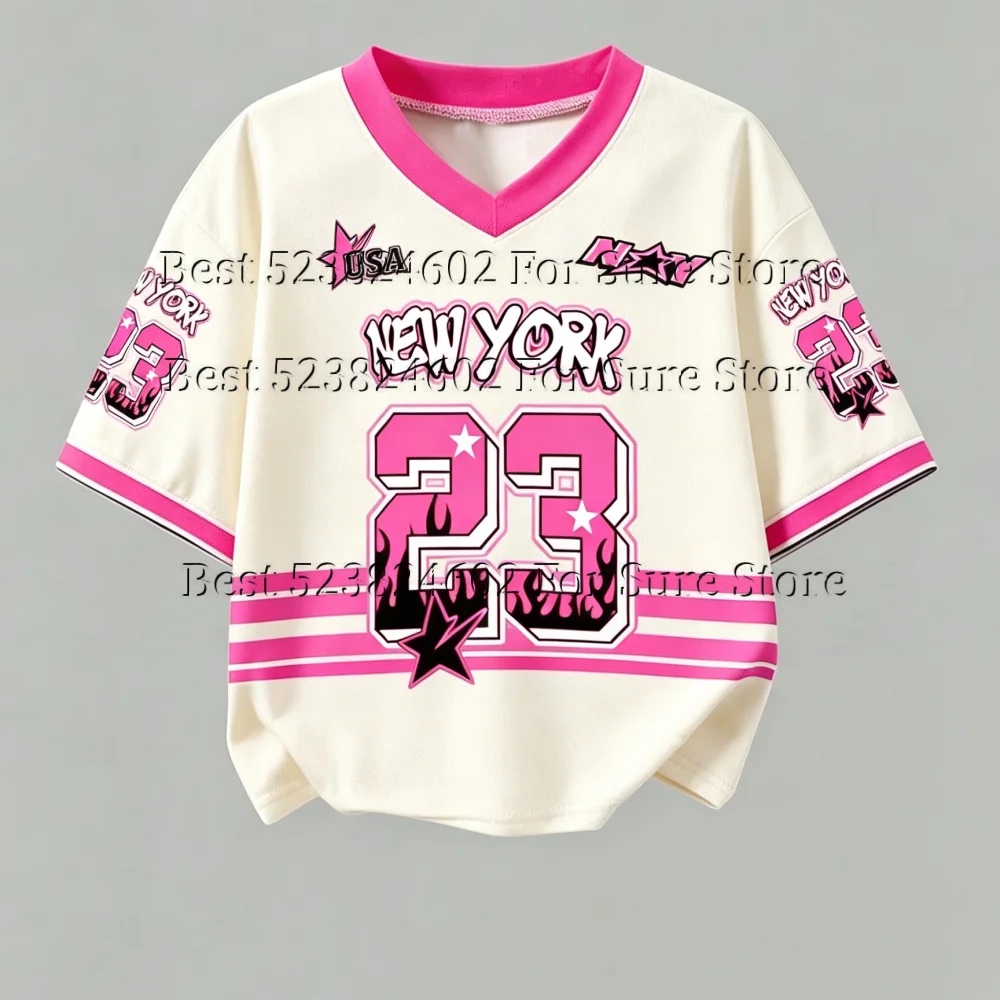 Vintage Pink Black Contrast Color Jersey Women New York 23 Graphic V Neck Tee Y2K Hip Hop Street Style Casual Summer Crop Tops