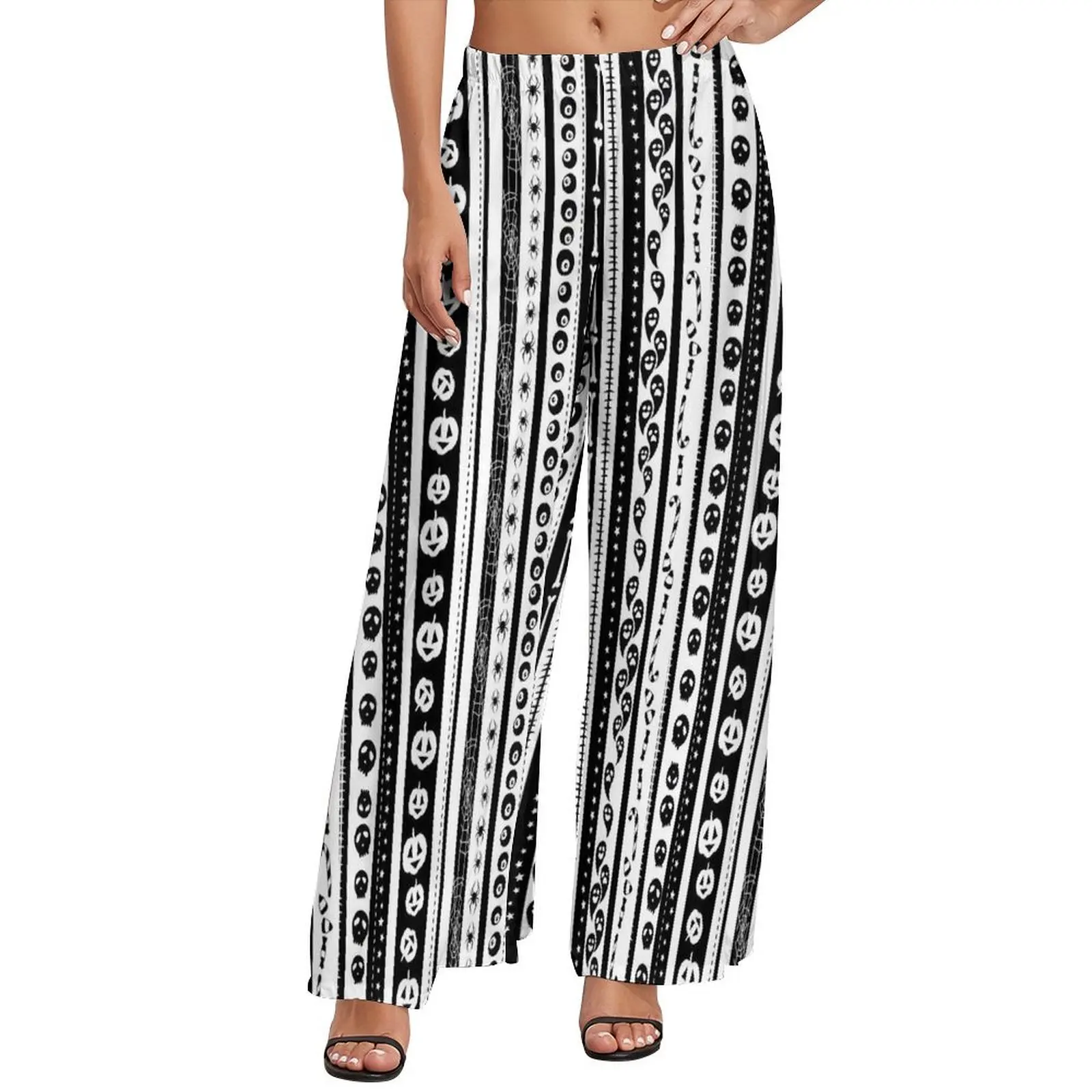 Abstract Tribal Pants Black And White Korean Fashion Straight Wide Pants Elastic Waist Sexy Trousers Large Size