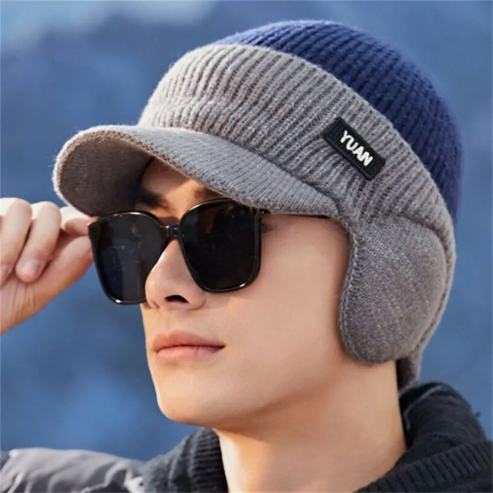 

Стильная утолщенная бейсболка, двухцветная вязаная шапка для папы, сохраняющая тепло, защита ушей для мужчин