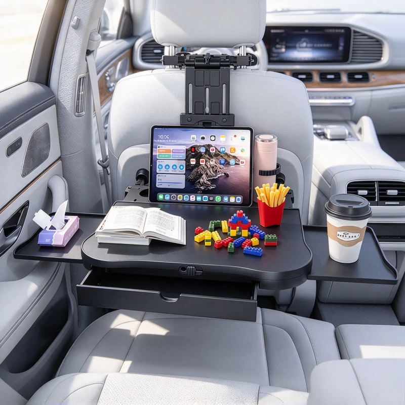 Height Adjustable Car Back Seat Tray Table with Extra Large Pull Out Drawer Non Slip Mat Folding Laptop Desk for Passenger Use
