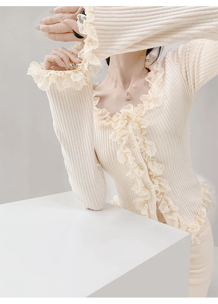 2026 Quadratischer Kragen Spitzenbesatz Langarm-Strickpullover Damen Retro Kurzer Stil Schlanke Oberteile Einreihige Strickjacke – Detail 10