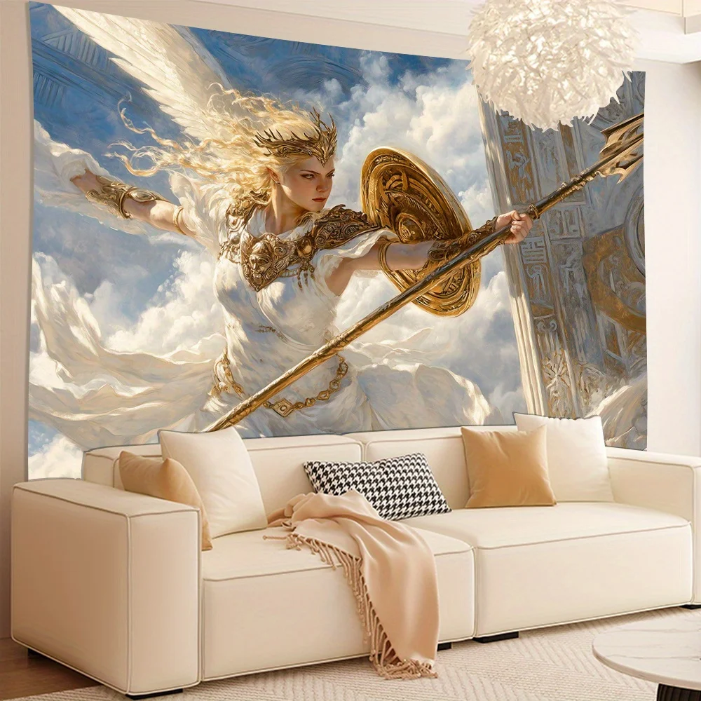 Angel Warrior Tapestry Mythical Goddess Wall Art Divine Armor Fantasy Decor Heavenly Scene Living Room Hanging Print