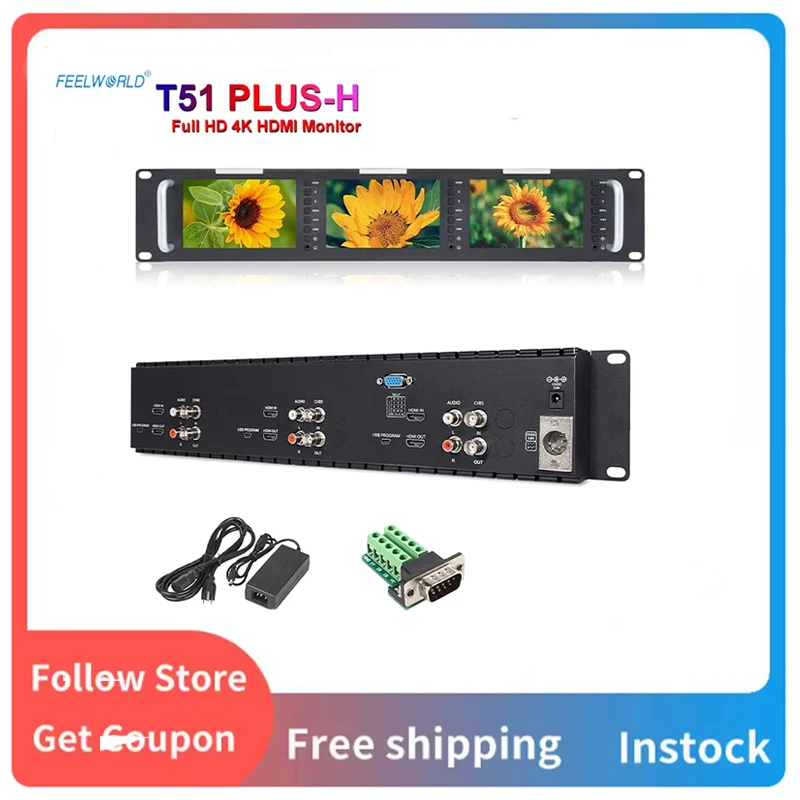 

FEELWORLD T51-H Тройной 5-дюймовый 2-уровневый (2 RU) монитор для установки в стойку, 800×480, ЖК-монитор для вещания с входами и выходами HDMI и AV