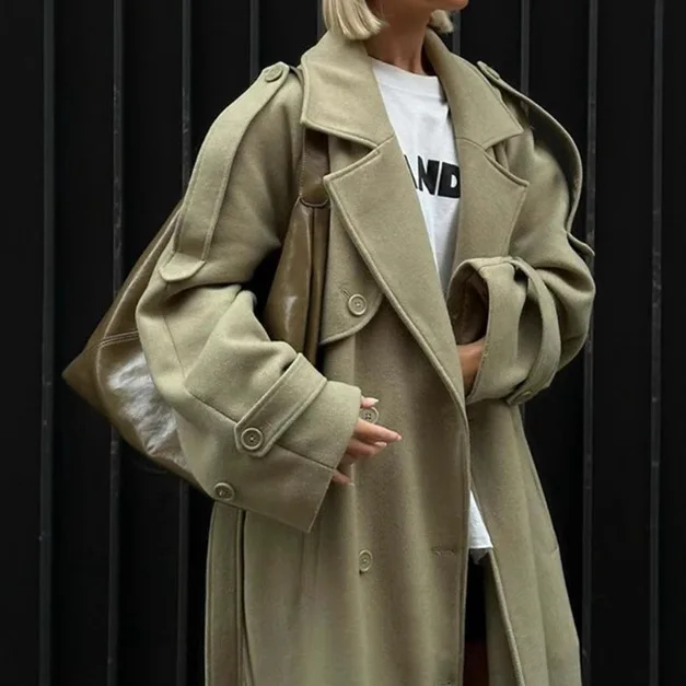 

2025 Autumn and Winter Hot Selling Temperament Lapel Waist Cinching Lace Up Long Coat Woolen Coat
