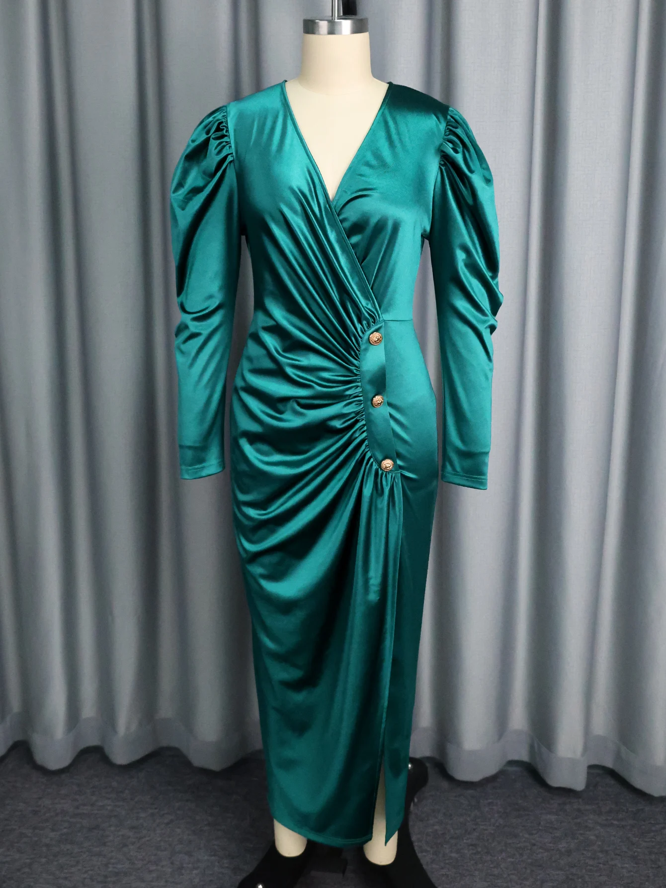 Abito lungo in raso con scollo a V alla moda, maniche a sbuffo, bottoni asimmetrici, spacco, autunno, aderente, abiti da cerimonia per invitati al matrimonio