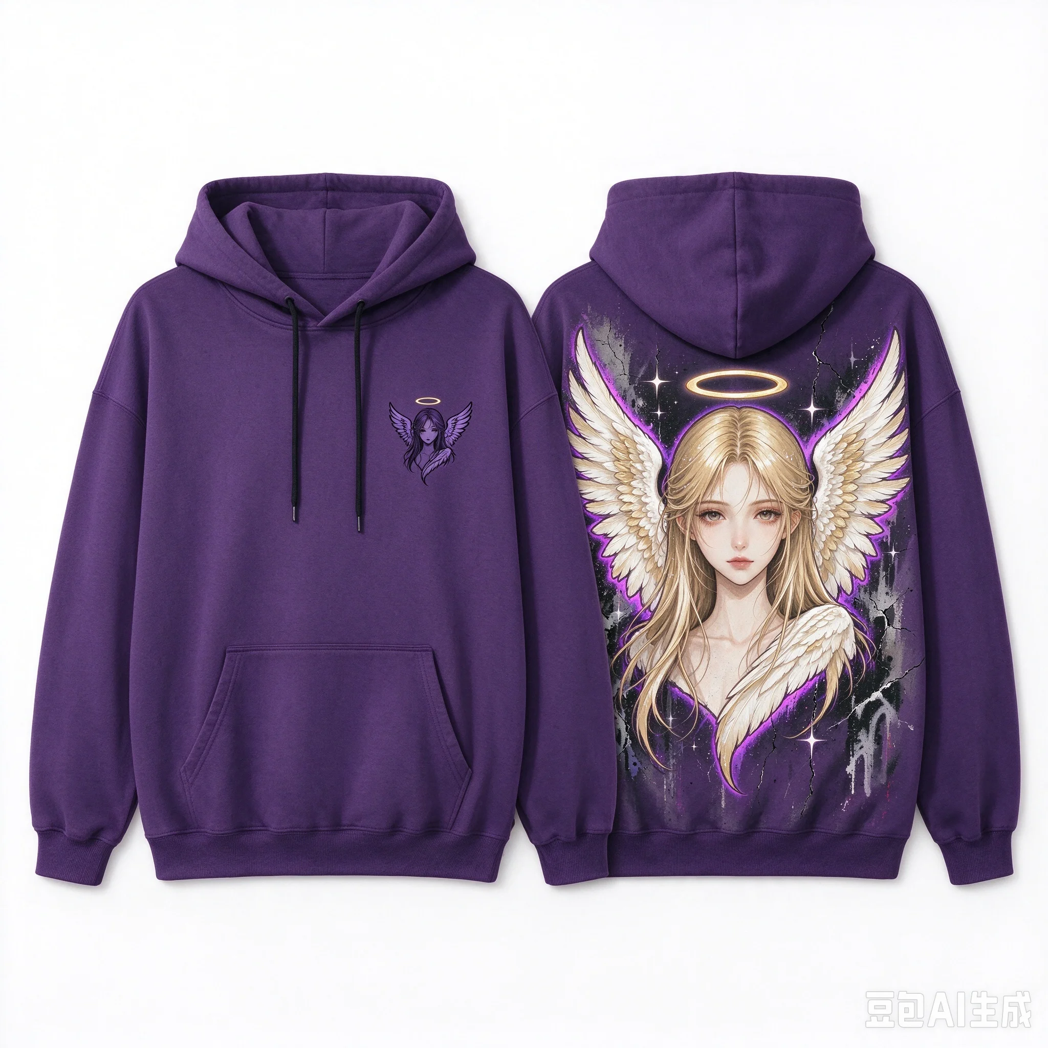 Men's Loose Drawstring Hoodie, Right Chest Small Angel Logo, Back Big Angel Head Graphic Pullover, Streetwear Casual Sweatshirt