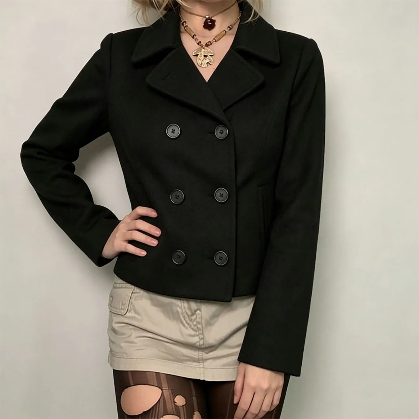Autumn and winter vintage Y2K slim fit solid color casual double breasted black lapel jacket top