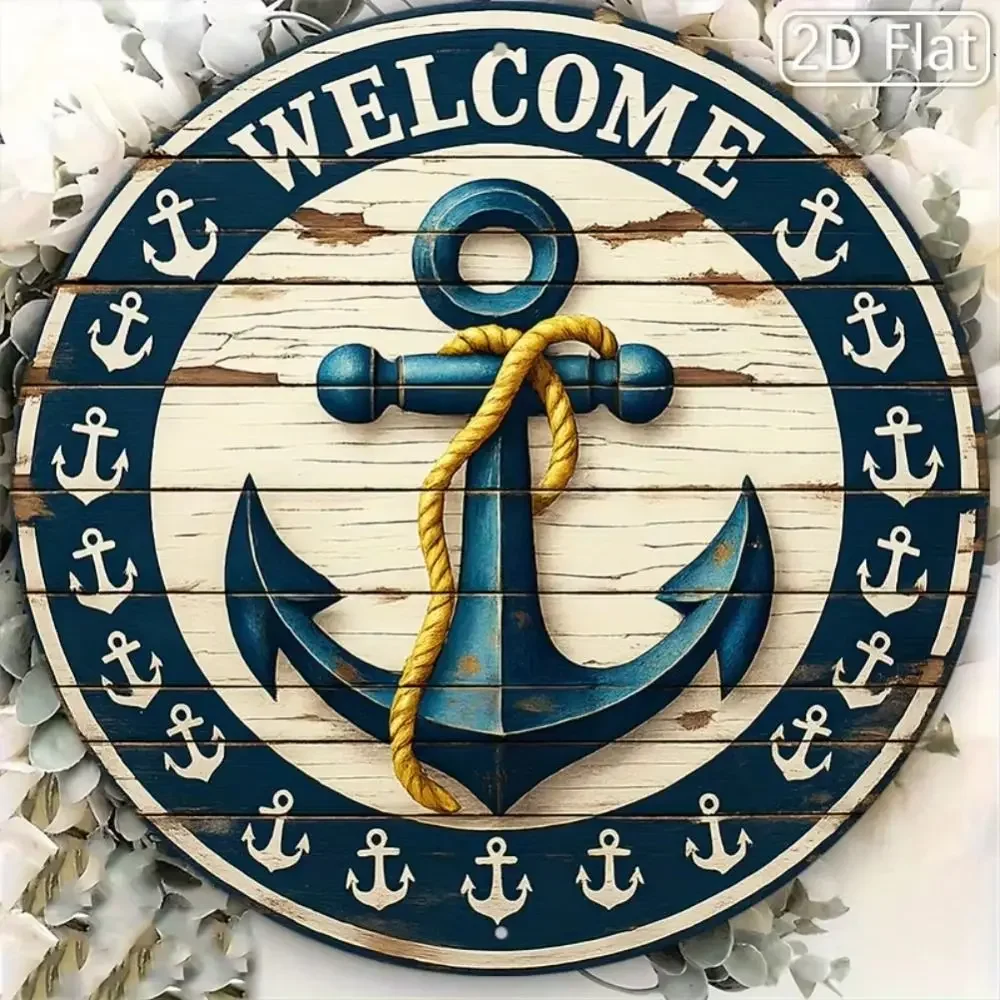 CIFBUY Nautical Welcome Anchor Round Metal Sign Vintage Wood Grain Style 2D Flat Printing Aluminum Plaque Wall Decor Gift