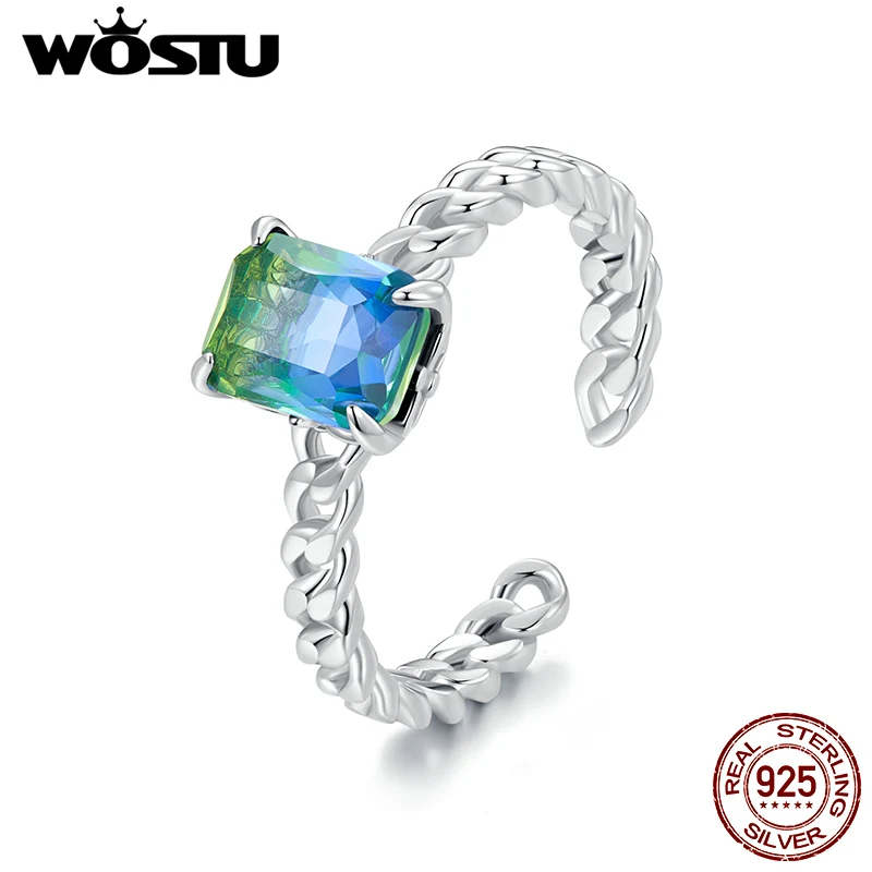 WOSTU-Anillos rectangulares de turmalina para mujer, anillos ajustables de eslabones cubanos, anillo de cristal arcoíris, joyería Punk, regalo nuevo, Plata de Ley 925