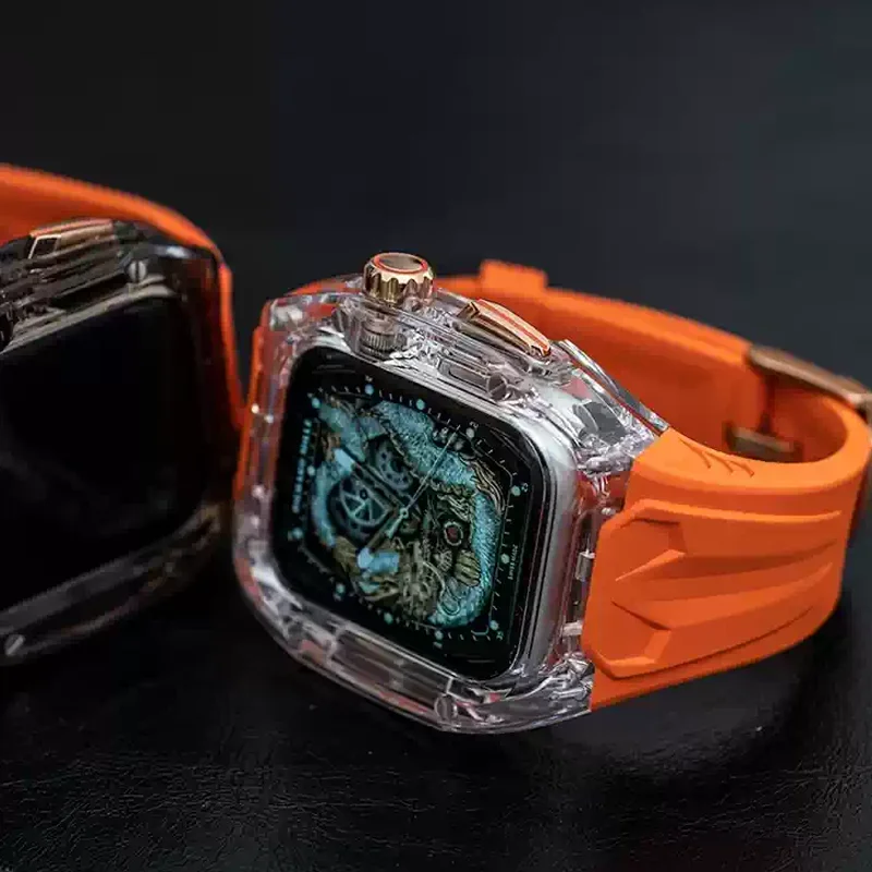 حزام ساعة ريتشارد مايل لسلسلة iWatch 10/Ultra2، 46 ملم 49 ملم 45 ملم 44 ملم 42 ملم، علبة كريستال + حزام سيليكون لسلسلة 9/8/7/SE2