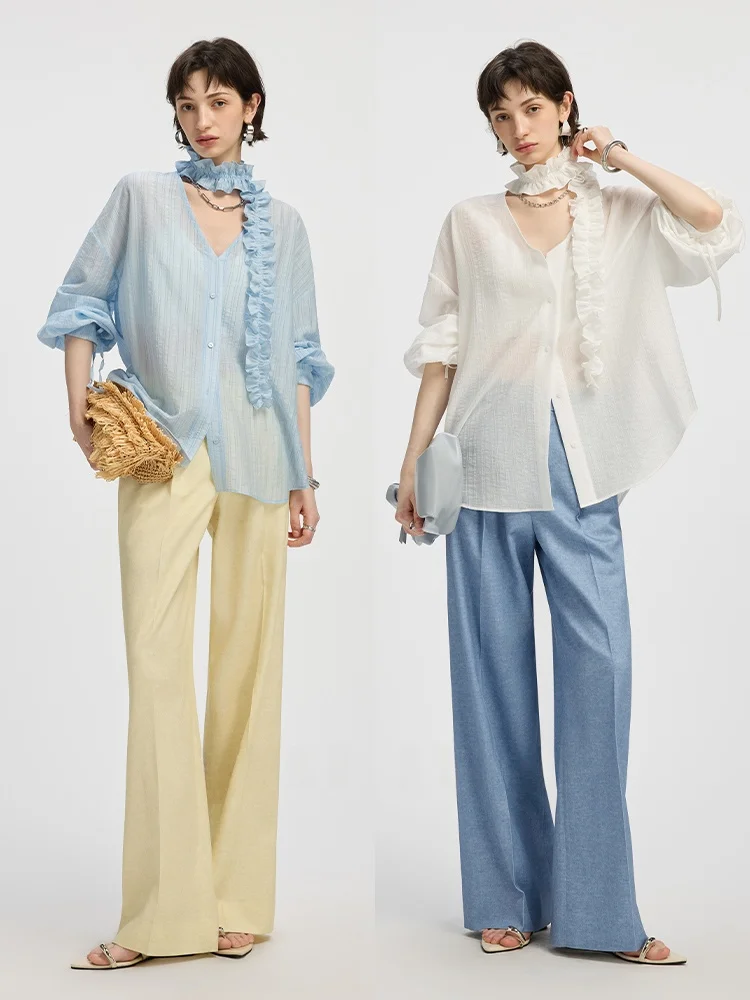 

SVLI Harbour Clear Lyrical Ruffle Texture Artistic Vintage Detachable Lace Shirt Casual Loose Fit Long Sleeve V-Neck Mid-...