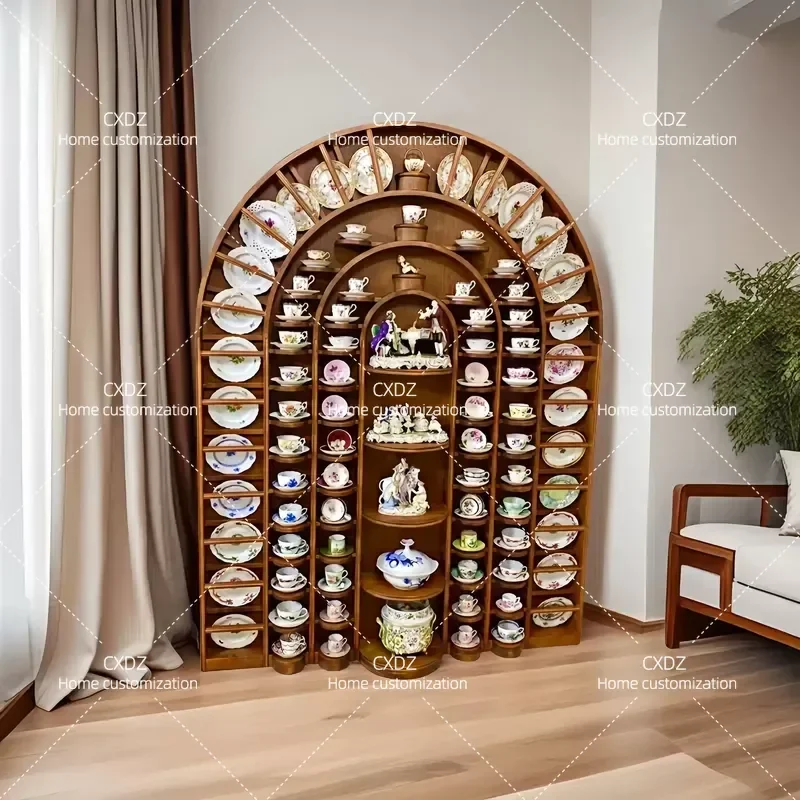 Retro Solid Wood Display Cabinet Ash Wood Arched Shelf Full Wall Porcelain Storage Cabinet Dining Sideboard