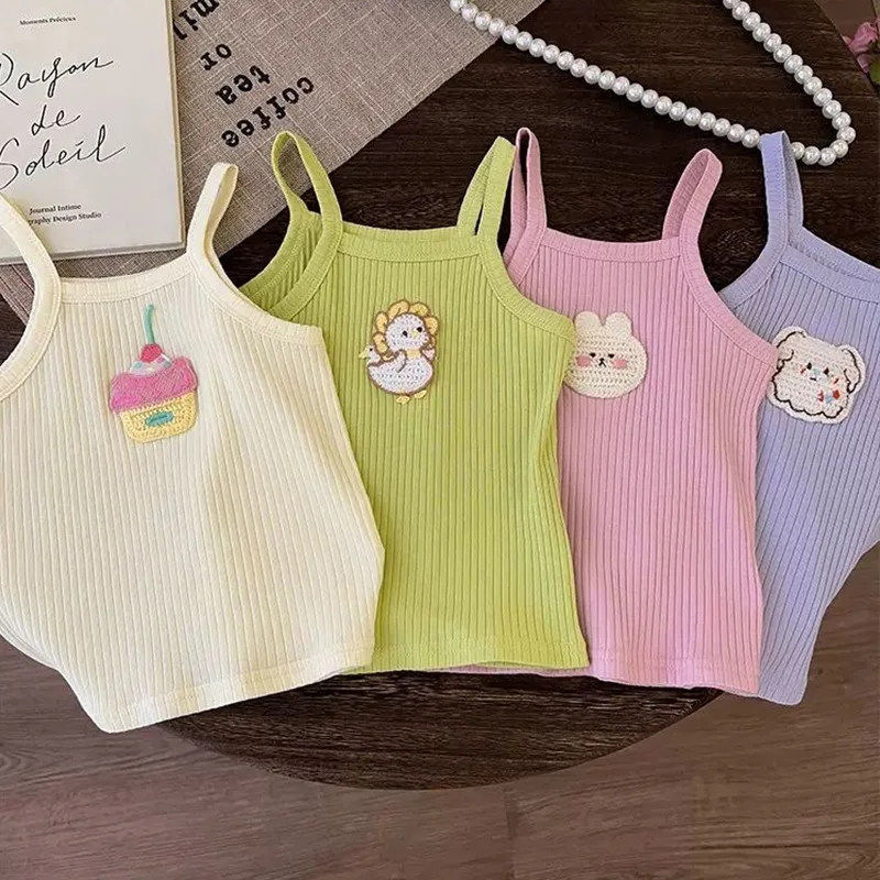 

2026 Summer New Girl Cartoon Cute Pattern Pit Stripe Candy Color Cotton Soft Sticky Strap Tank Top