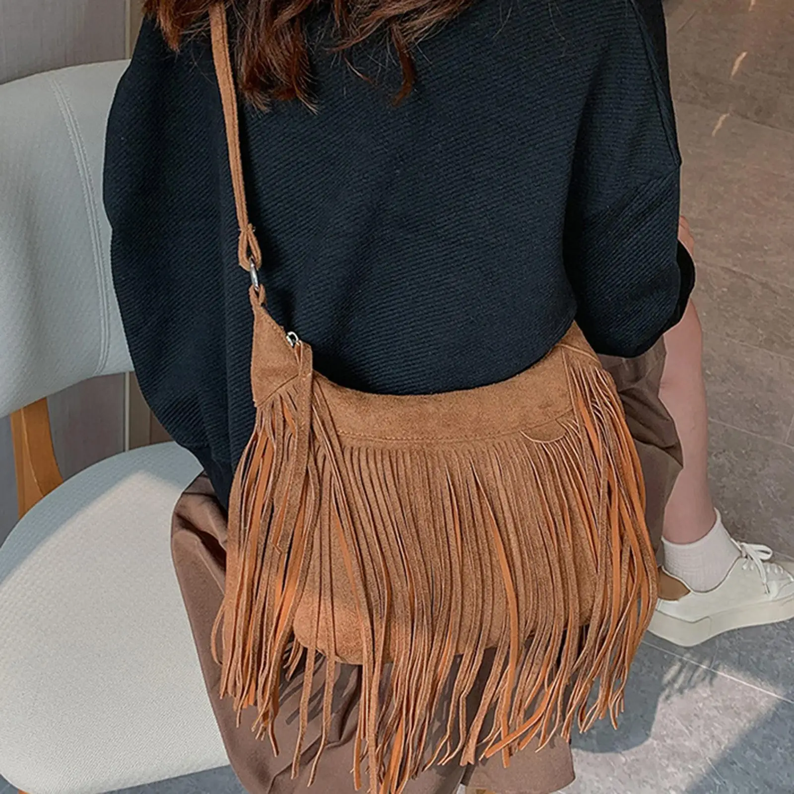 Women PU  Fringed Leather Shoulder Bag Soft Ethnic Style Messenger Crossbody Bag Zipper Large Retro Fringed Handbag Totes Bag