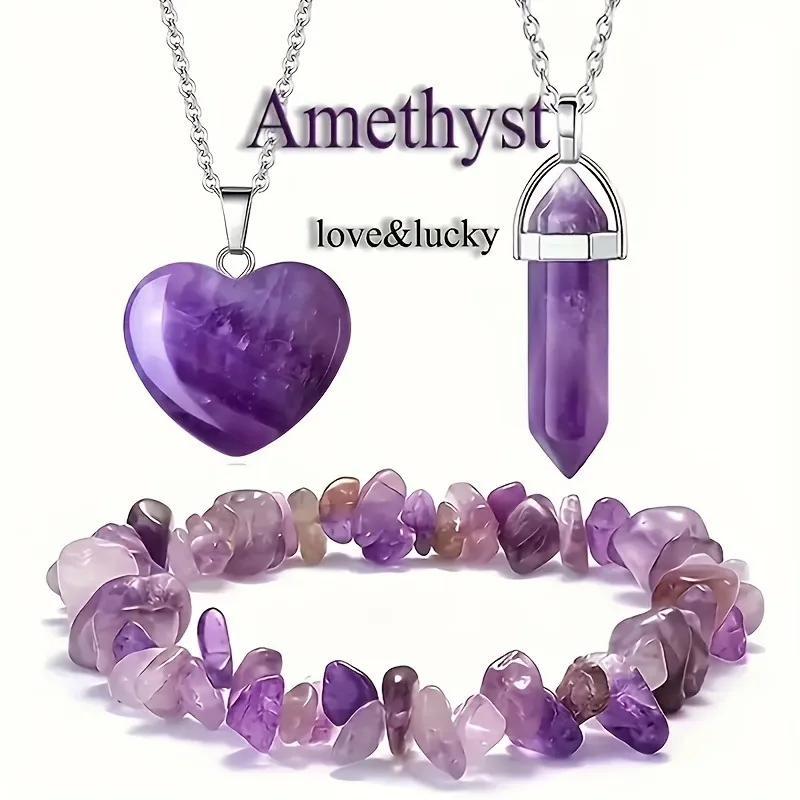 3Pcs Natural Amethyst Set, Heart Hexagon Pendant Necklaces Chip Bead Elastic Bracelet, Unisex Daily Crystal Gift