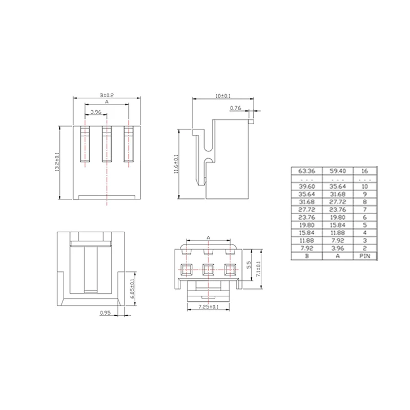 50Pcs VH 3.96MM 2P 3P 4P 5P 6P 7P 8P 9P 10P Female Housing Terminals VH3.96 2 3 4 5 6 7 8 9 10 Pin Connector