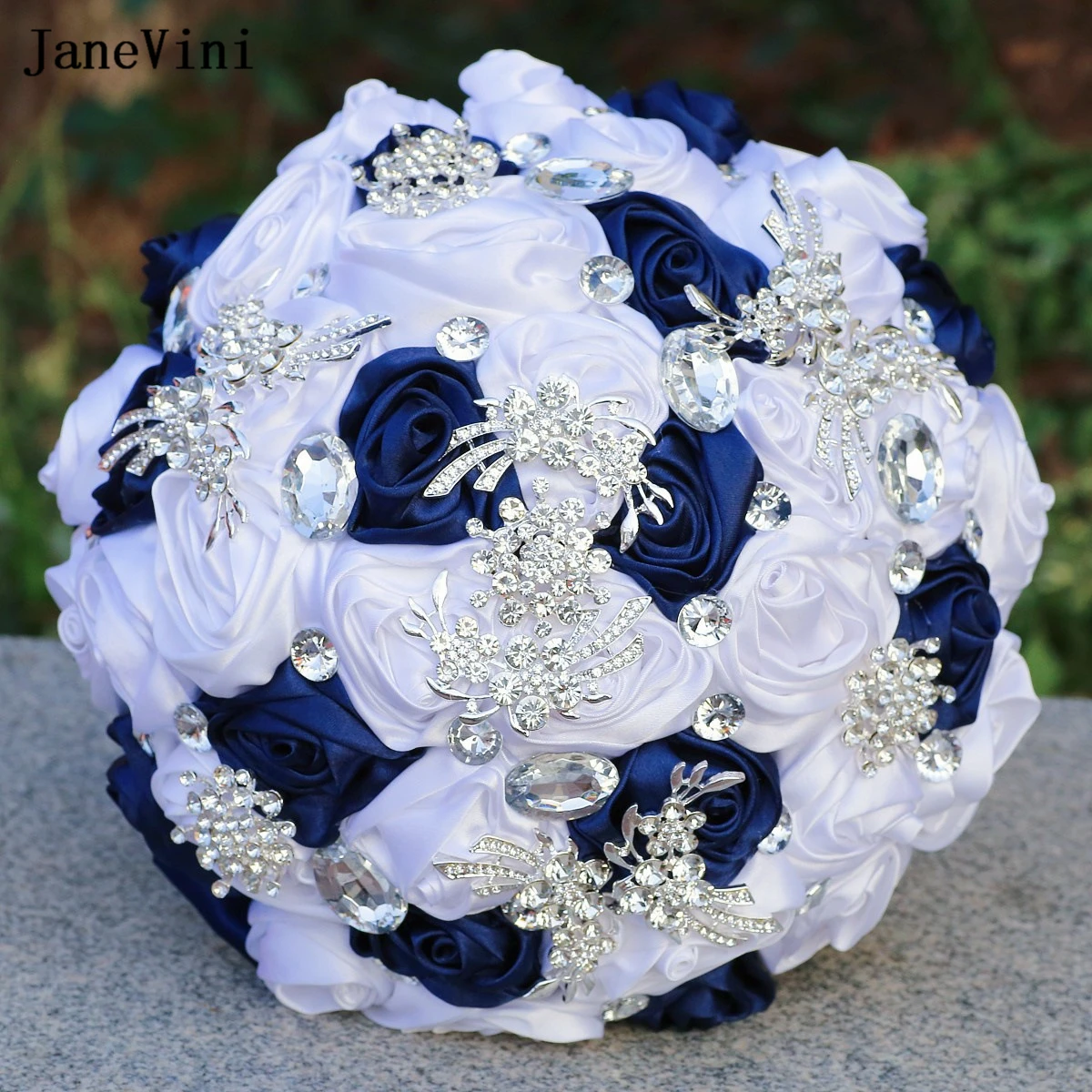 JaneVini 2023 Luxury Navy White Flowers Bridal Bouquets with Rhinestones Artificial Satin Roses Wedding Bouquet Bride Decoration