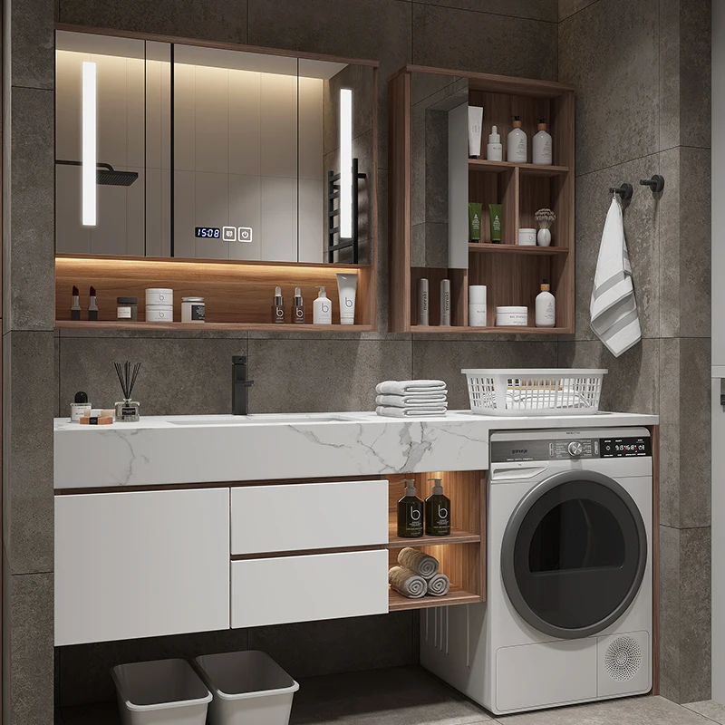 Modern simple bathroom cabinet,washing machine cabinet,washbasin integrated combination bathroom, rock slab solid wood washbasin