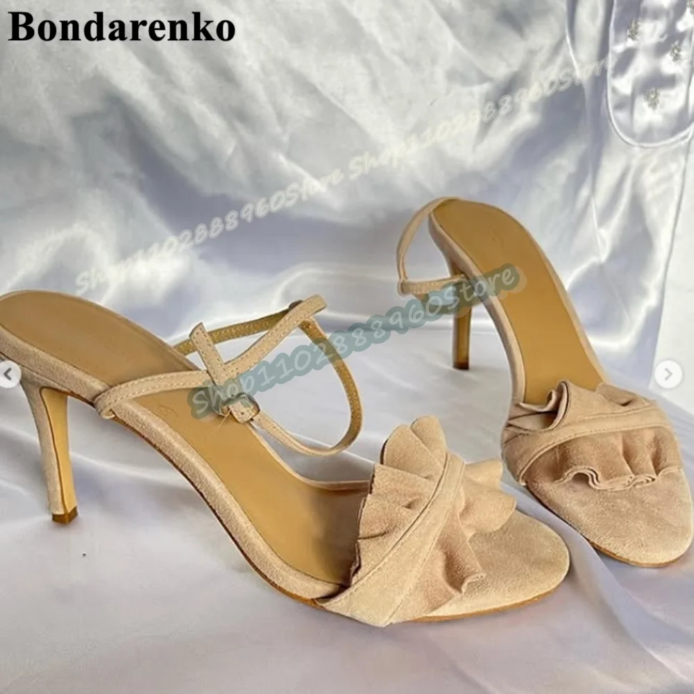 

Casual Solid Flock Ruffles Strap Sandals Stilettos High Heel Women Shoes Ankle Buckle Strap Open Toe Trendy Zapatos Para Mujer