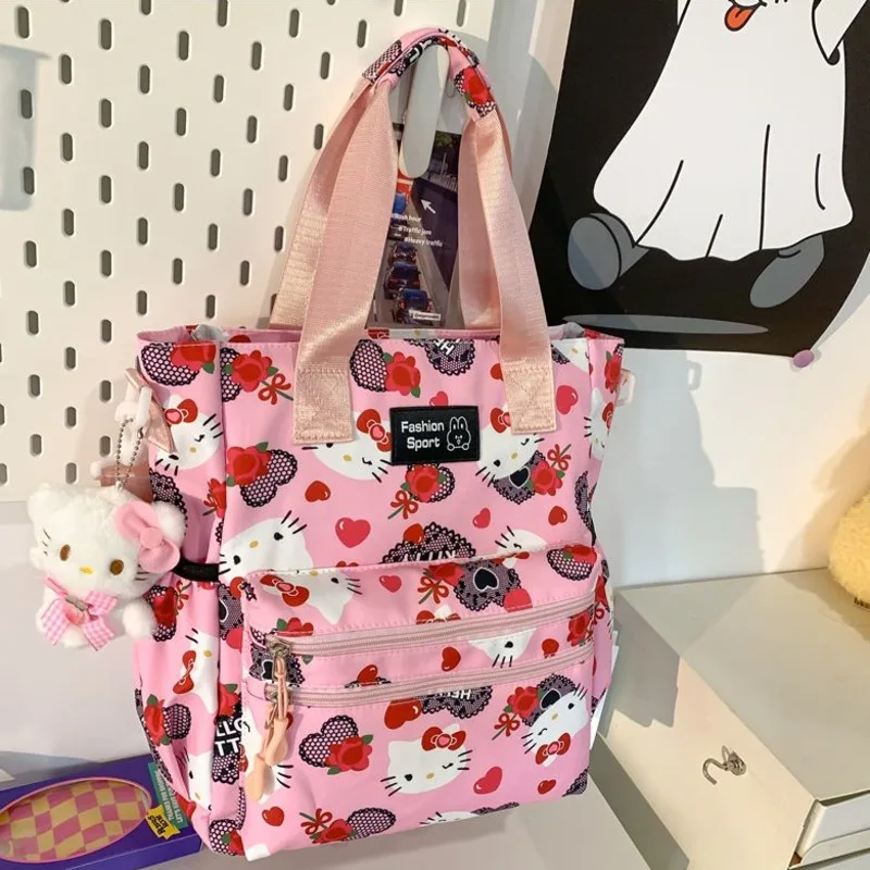 Sanrio Hello Kitty Nylon Women Shoulder Bag Japanese Style Large Capacity Cute Print Tote Bag Sweet Student Kawaii Crossbody Bag