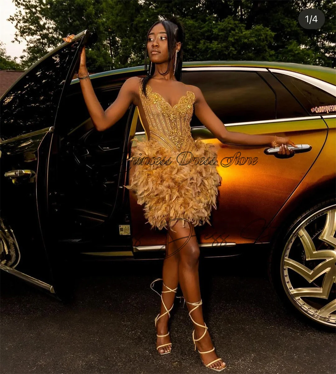 Sexy Gold Short Prom Dress 2024 Glitter Bead Crystals Rhinestones Feathers Cocktail Birthday Party Gown Homecoming