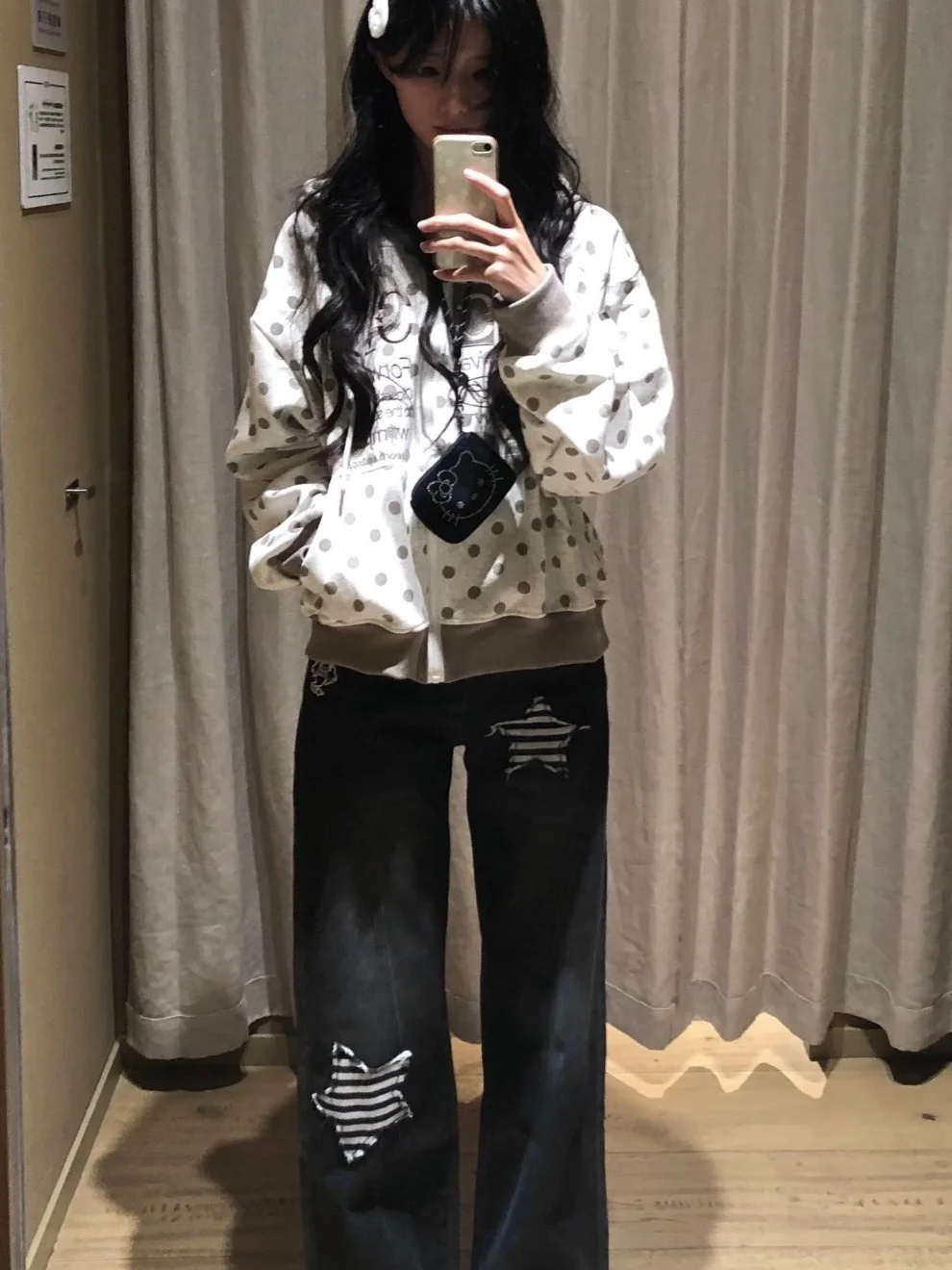 American Retro Polka Dot Letter Embroidery Hooded Open Cardigan Sweatshirt Women's Spring Autumn Loose Zipper Short Coat