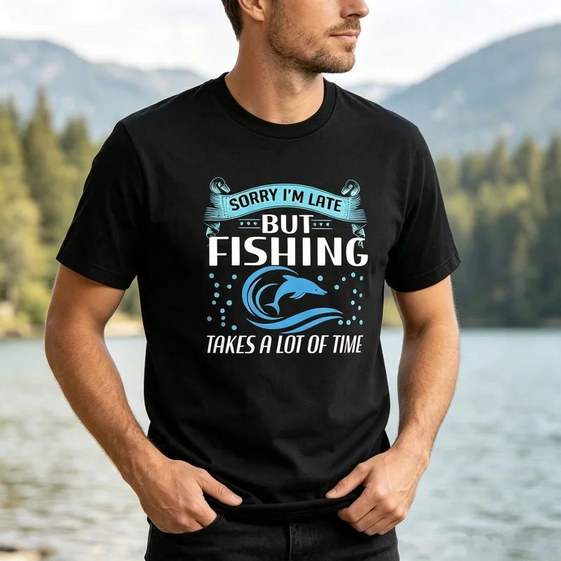 Sorry I'm Late But Fishing Takes A Lot of Time  T Shirt  Fish Wave Print Casual Tee Cotton Short Sleeve Streetwear Men Women