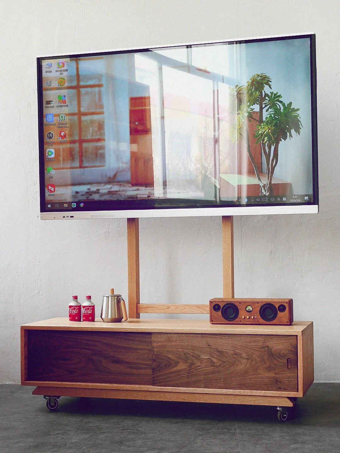 Log wind red oak TV floor mobile bracket, display screen shelf TV cabinet