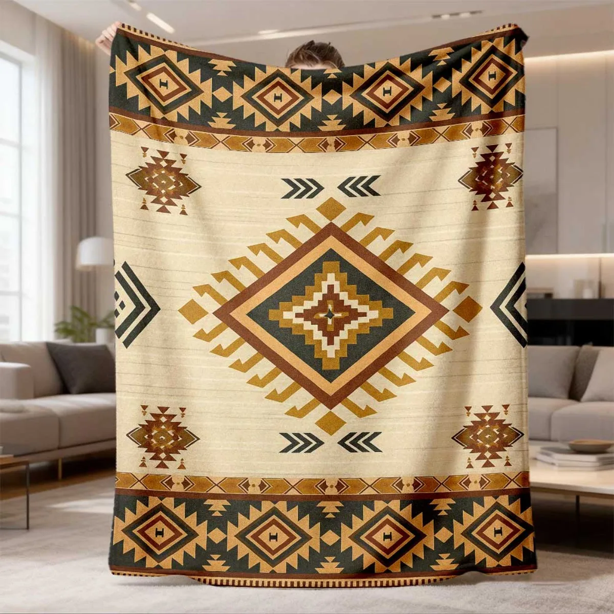 Southwest Tribal Geometric Throw Blanket, Native Ethnic Diamond Art Print Cozy Flannel Blanket for Bedroom Sofa Home Decor