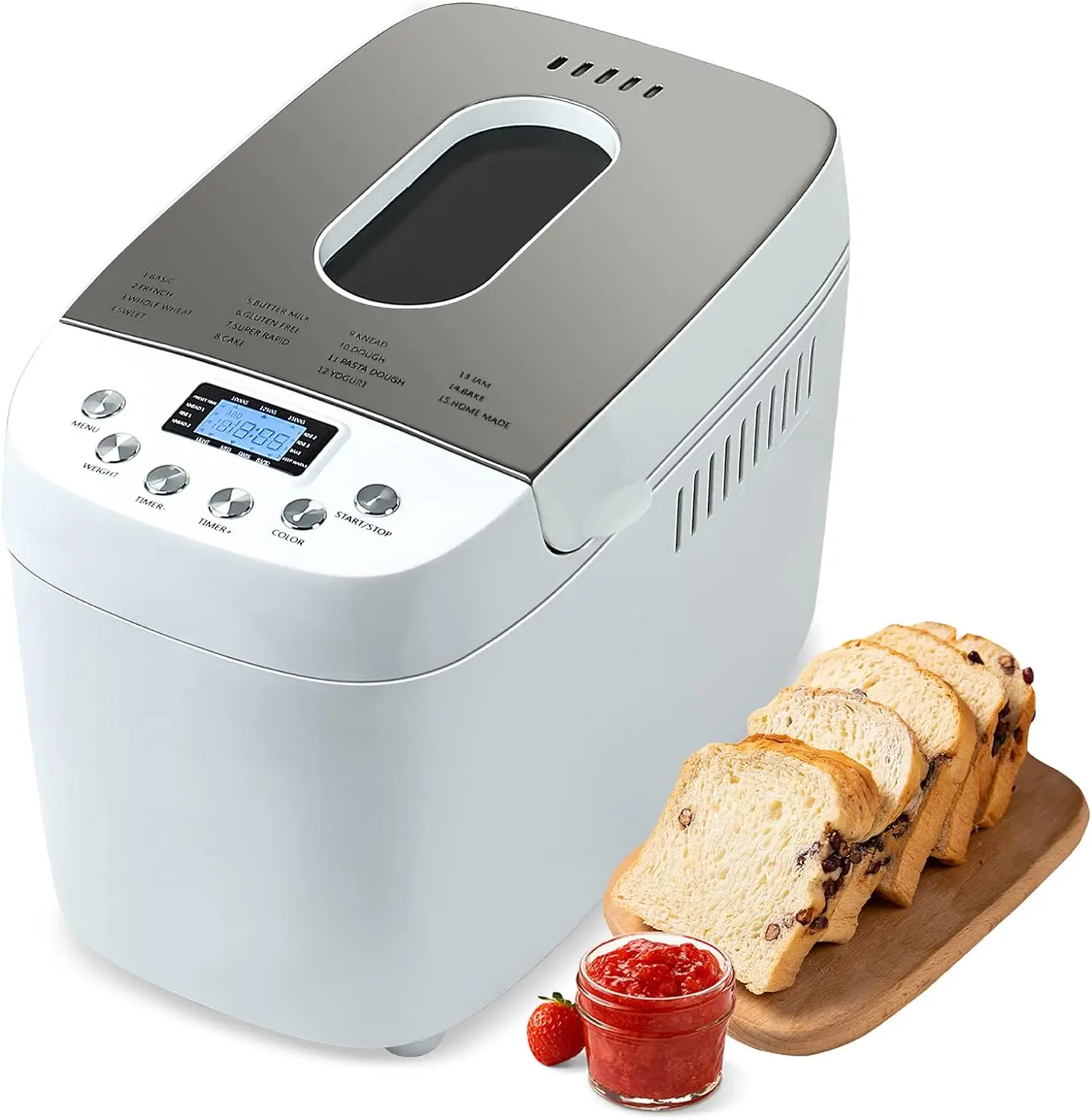 15-in-1 Breadmaker Dough Maker with Gluten Free Setting, 3 Loaf Sizes 3 Crust Colors, Nonstick Baking Pan, White