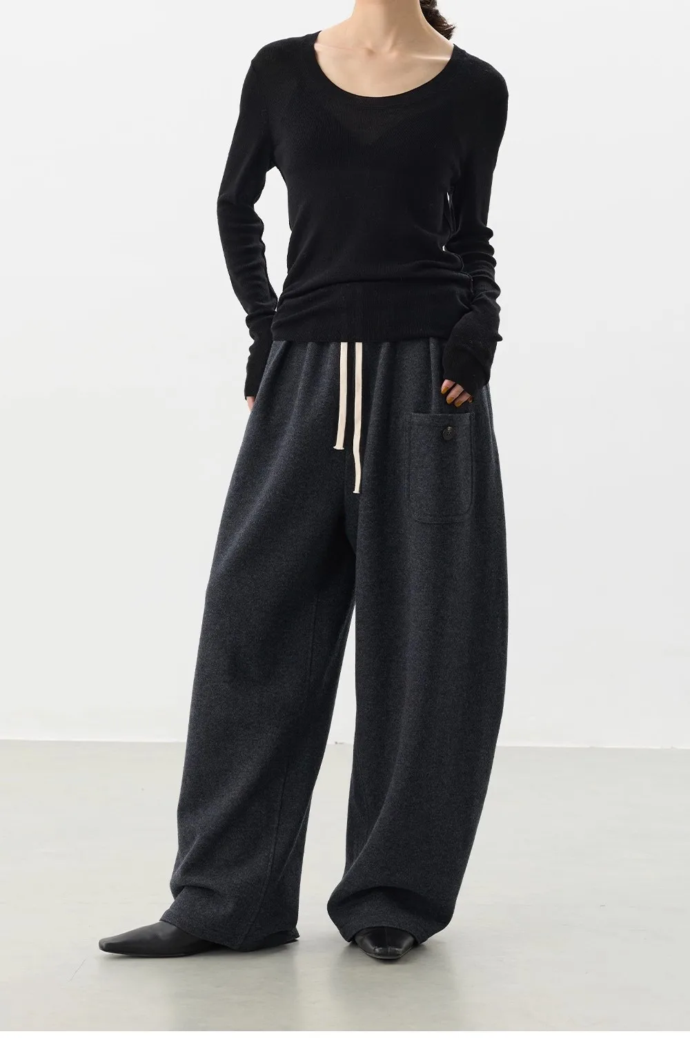 Curved Hem Pants~Wool Elastic Waist Wide-Leg Casual Pants for Women, 2025 Winter Fashionable Thickened Floor-Length Pants