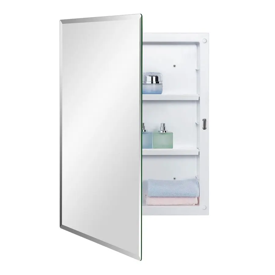 

Plastic Bathroom Medicine Mirror Cabinet 16 x 22 inch, Surface and Recessed Mount, Beveled Edge Mirror