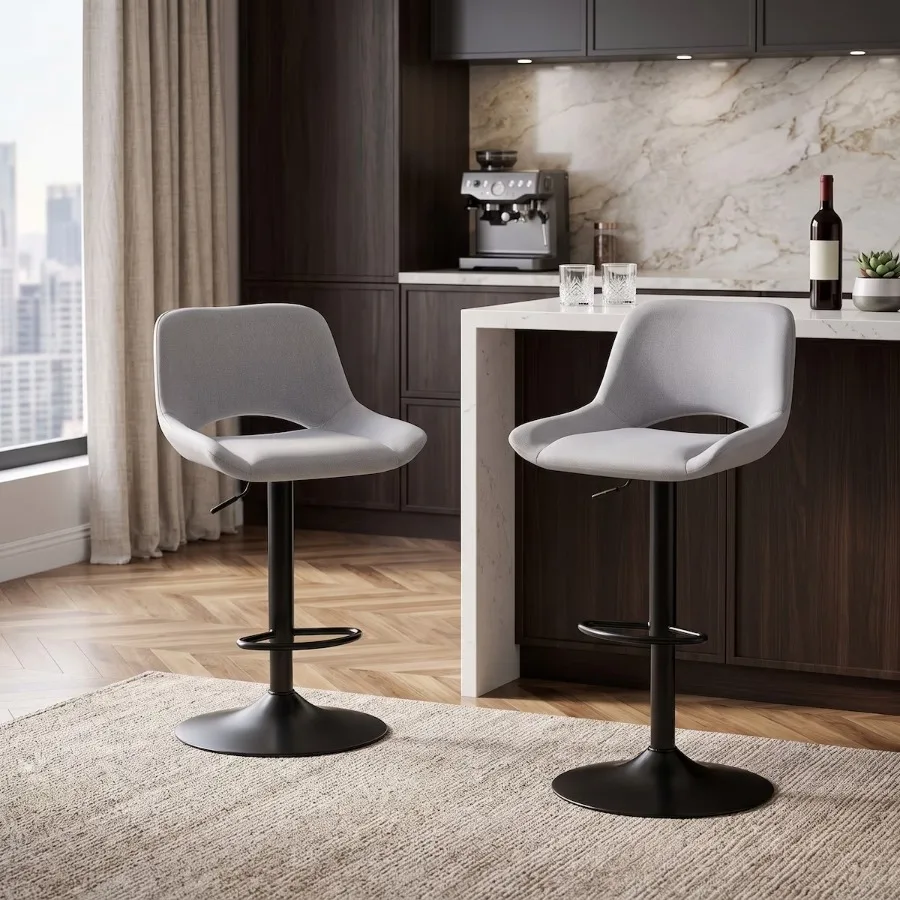 Bar Stools Set of 2, Adjustable Height Swivel Bar Stools with Linen Fabric Seat, 360 Degree Rotating Counter Height Stools