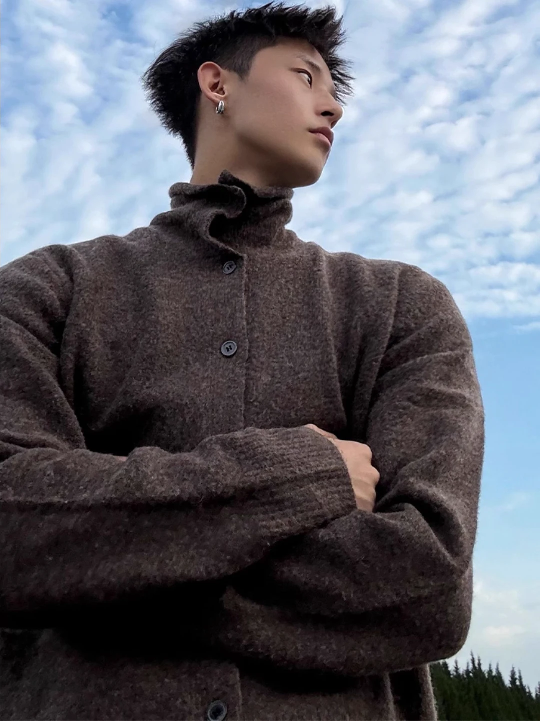 

Мужской осенний кардиган с высоким воротником, вязаный, свободного кроя, в американском ретро-стиле, винтажный, с узором, цвет карамельный