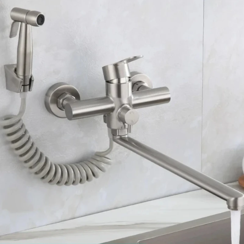 Brushed Nickel 304 Stainless Steel Kitchen Faucet Mixer Tap with Stream Sprayer Wall Installation