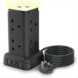 With USB jack and night beacon, (13A 3250W) 4 USB ports and 8-way extension tower, with 2M extension cable, black
