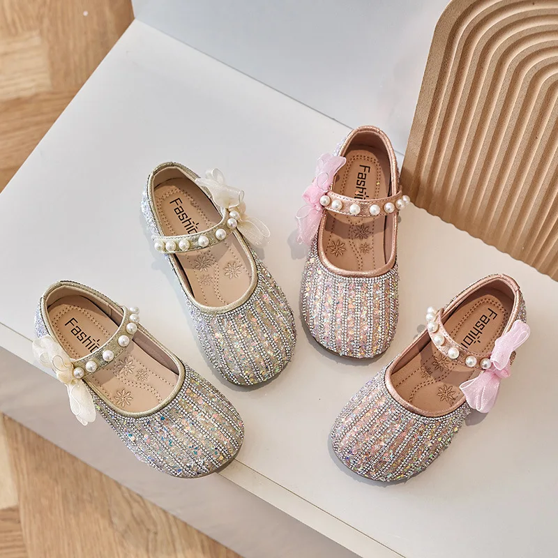 Nuove scarpe in pelle con paillettes per bambini ragazze principessa strass Bowknot scarpe dolce moda bambini ballerine scarpe da festa J221