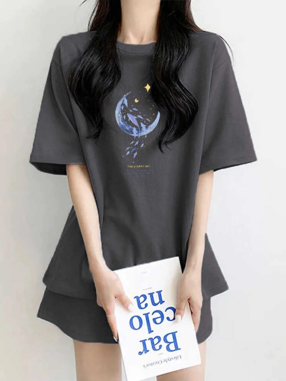 

Summer Pure Cotton Short Sleeve Casual Fashion plus Size Women's Two-Piece Set Shorts And Top in Grey for plus Size Ladies