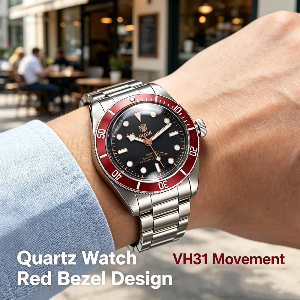 New Men Quartz Watch VH31 Vintage Diver Style Wristwatch Stainless Steel Bracelet Luminous Male Business Casual Daily Waterproof