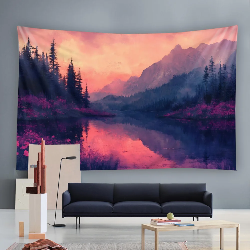 

Mountain Lake Tapestry Polyester Printed Background Fabric Home Living Room Bohemian Style Wall Hanging Decoration