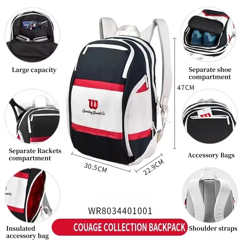 Wilson Tennis Racket Backpack COURAGE Series Multifunctional Court Sports Bag Holds up to 2 Rackets Professional Tennis Bag