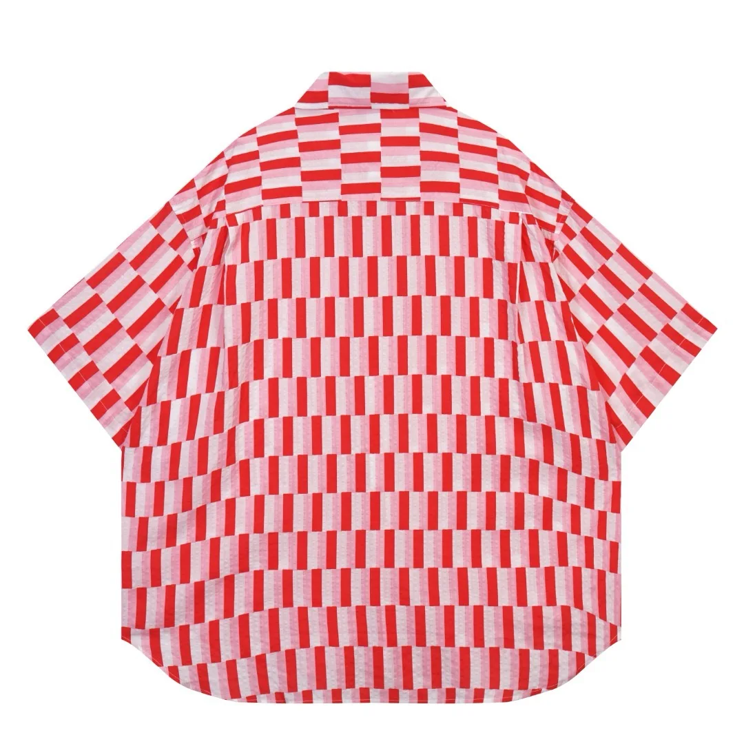 Summer vintage red plaid short sleeve shirt men and women with the same fashion brand loose couple casual shirt