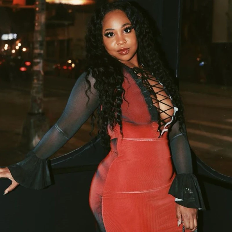 Sifreyr Tie Dye Frauen Maxi kleid Mode Rüschen schiere Mesh Patchwork V-Ausschnitt Bandage Bodycon lange Kleider Robe sexy Party Vestido