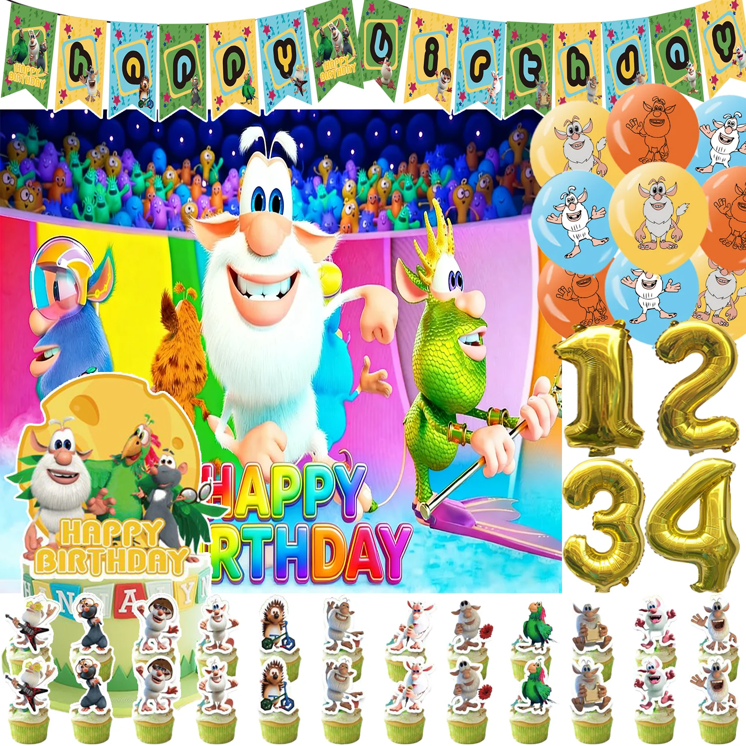 

Cartoon&Boobaed Theme Birthday Party Supplies Cake Decor Cute Funny Boobas Balloon Backdrop Cupcake Topper Kid Baby Shower Props