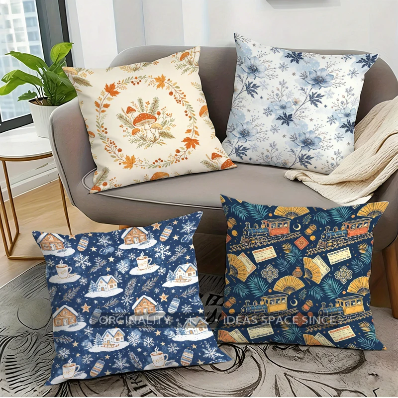 Winter Cottage Floral Train Pillow Covers Pattern Cushion Cover Suitable for Sofa Bedroom Car Pillow Cover