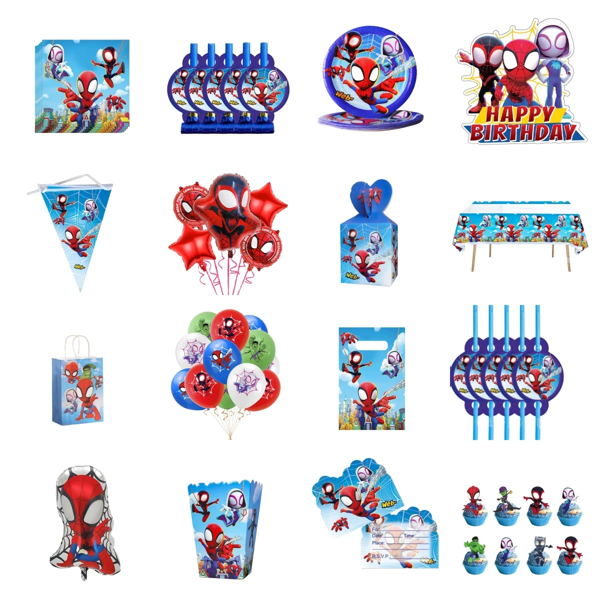 Cartoon Super Hero Spiderman Birthday Party Balloon Decoration Set Disposable Tableware Baby Shower  Background Flag Insertion