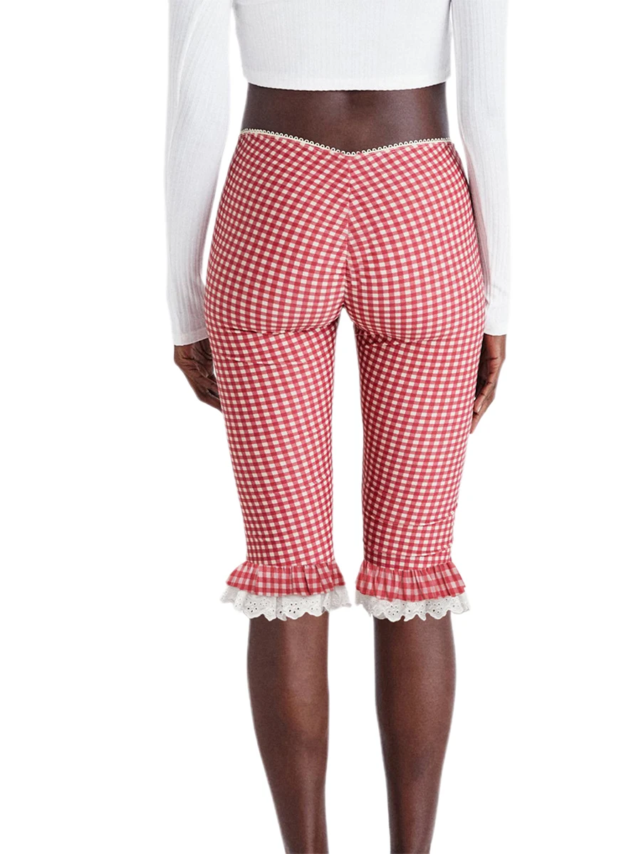 Женские капри, клетчатые кружевные брюки с оборками по подолу, летние повседневные укороченные брюки, эластичные укороченные леггинсы